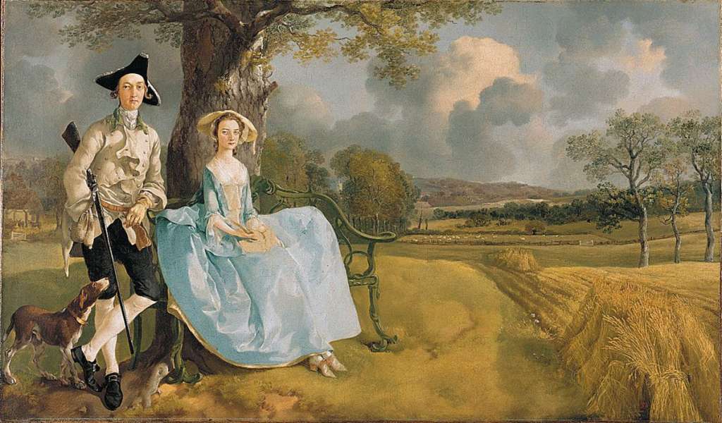 London National Gallery Next 20 16 Thomas Gainsborough - Mr and Mrs Andrews Thomas Gainsborough  Mr. and Mrs. Andrews, 1748-9, 70 x 119 cm. The church whose tower is seen in the centre background is St. Peters, Sudbury, where Robert Andrews and Frances Mary Carter were married in 1748. Mr. Andrews nonchalantly has his gun under his arm. Mrs. Andrews, ramrod straight and neatly composed, has a space in her lap that may have been meant to hold a book or a bird her husband had shot. Gainsborough beautifully paints the gold and green of fields and woodland, the supple curves of fertile land meeting the stately clouds. The acid blue hooped skirt almost, but not quite, rhymes with the curved bench back, her silk shoes point like the bench seat, while Mr. Andrewss substantial shoes point like the tree roots.